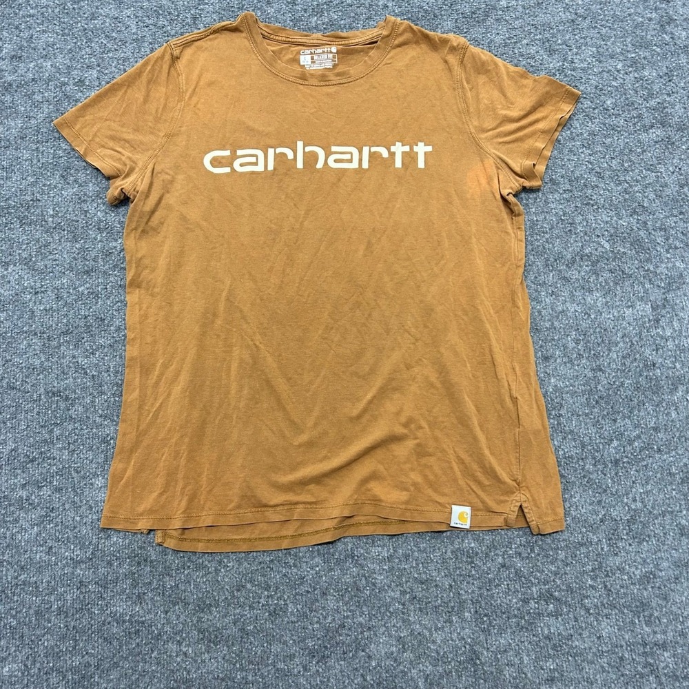 Carhartt T-Shirt Womens Size L Brown Relaxed Fit Cotton Tencel Graphic Logo Tee